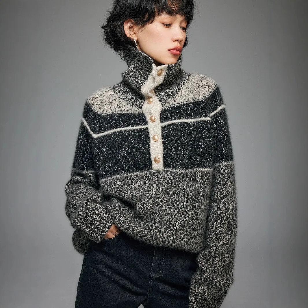 100% кашемир, универсальный французский воротник с акцентом, серый цвет, контрастный свитер, вязаный свитер