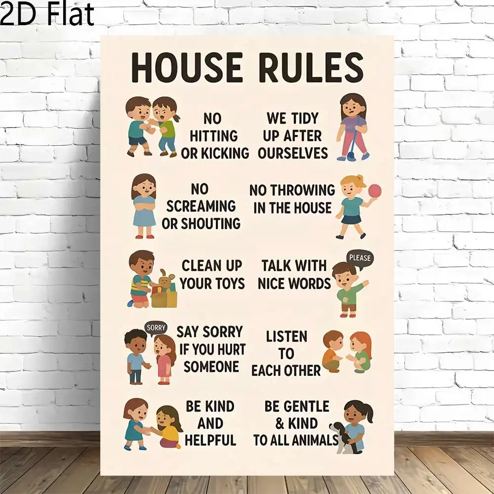 2D Flat, 1pc, House Rules for Kids No Hitting Tidying Up Polite Words Illustrations Frameless Canvas Artwork for Home and Off