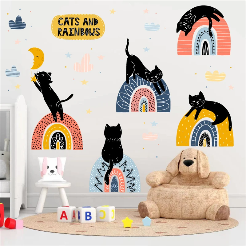 Naughty Cats With Rainbow Wall Stickers For Kids Bedroom Home Decor Diy Pet Animals Mural Art Home Decal Pvc Poster