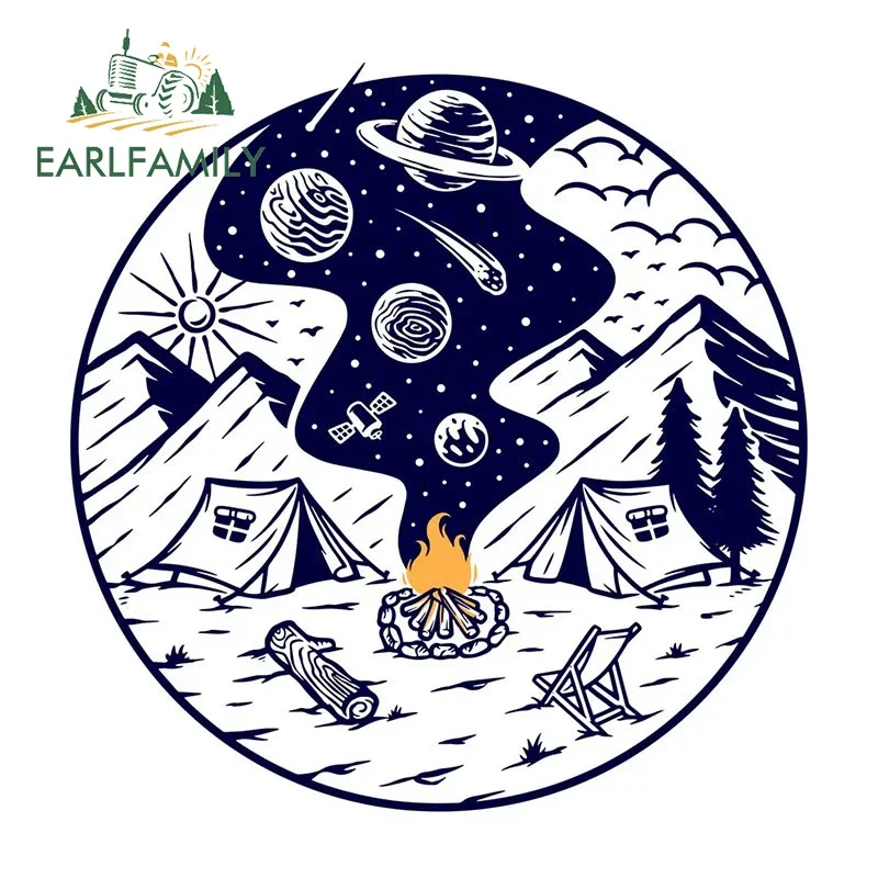 EARLFAMILY 13cm X 12.8cm For Camping With Fire Universe Car Stickers Personality Funny Decals Sunscreen Surfboard Trunk Decor