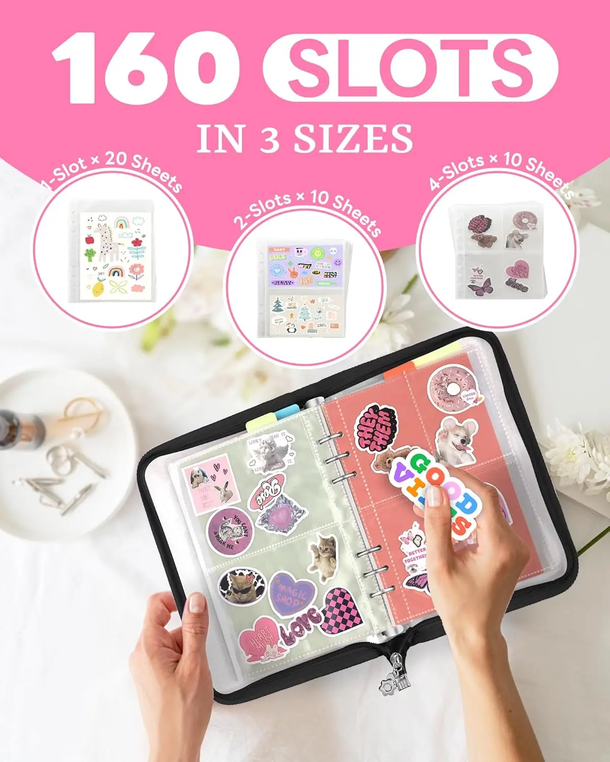 New A5 Sticker Organizer Binder with Zipper - 160 Pockets & 5 Dividers with Tabs,Multi-Use Storage Album for Cards, Photos