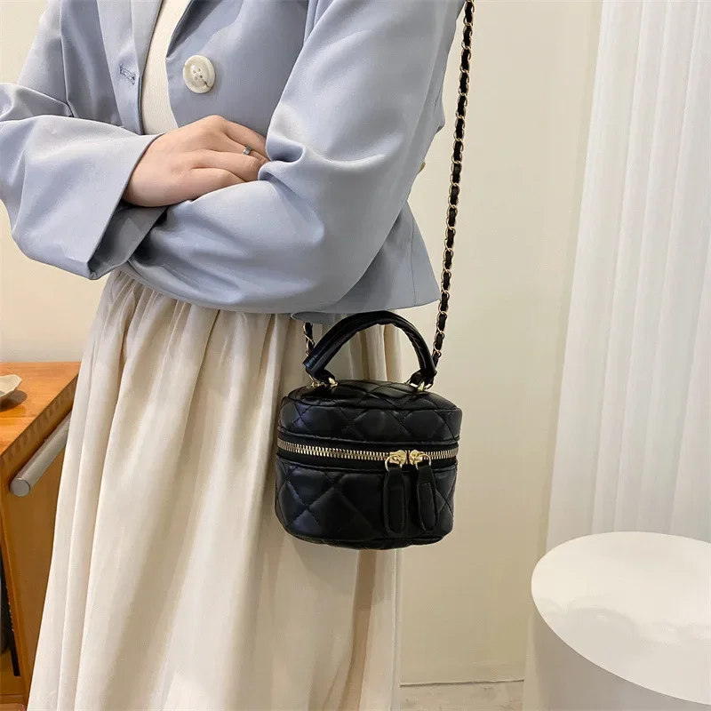 Women Shoulder Bags Cylinder PU Leather Bucket Ladies Crossbody Bag Casual Drawstring Handbags Purse for Travel Shopping