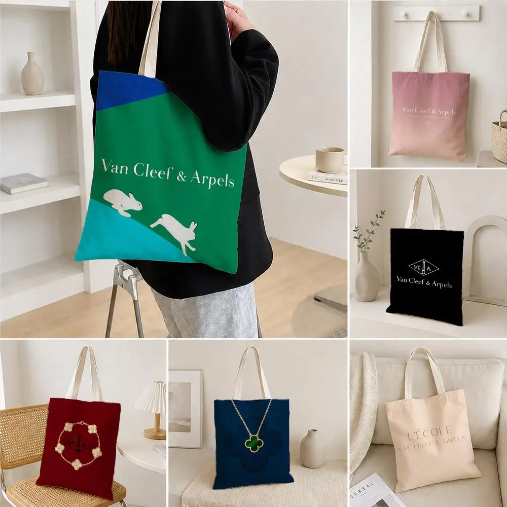 Street V-V-Van Cleef & ArpelS Storage Bags Polyester Canvas Foldable Tote Bag Lightweight Reusable Shopping Shoulder Bag