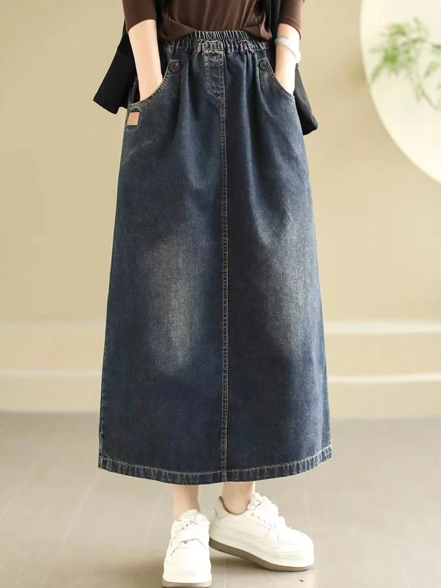 

Womens Vintage Waed Denim Skirt Elastic Waist High Waist Midi Skirt Spring New Arrival Clean Color Versatile Sle
