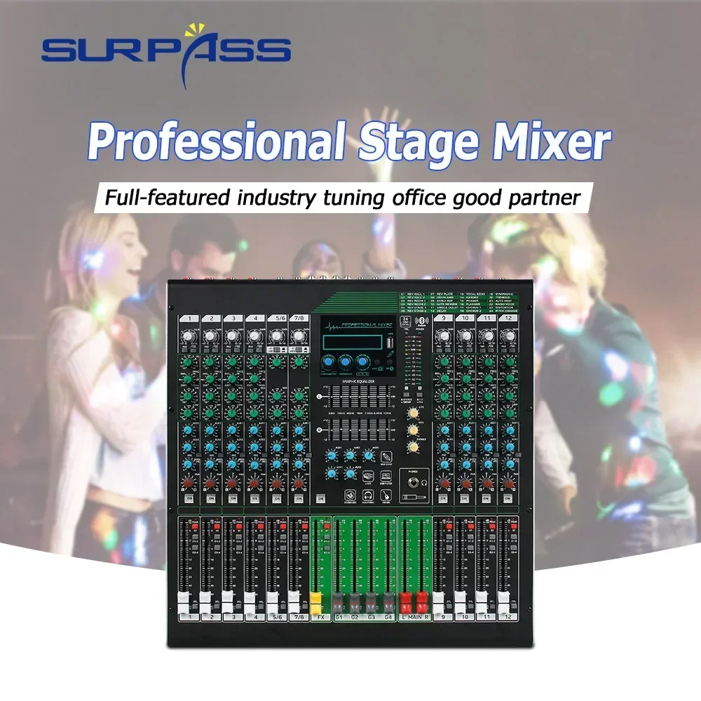 

12 Channel Professional Stage Mixer 48V Phantom Power Built-in USB Play Bluetooth 5.0 Receive Playback Audio Mixing Console DJ