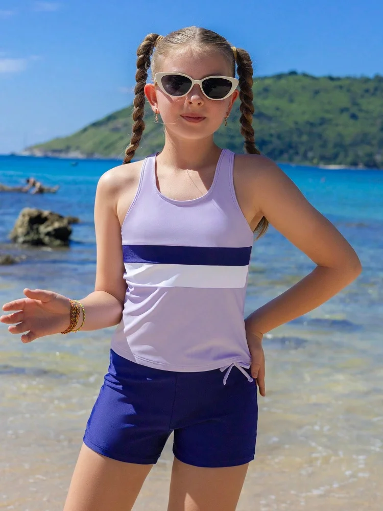 Two Piece Girls Kids Swimsuit 2026 New Solid Sling Vest Style Children Swimwear Summer Shorts Beach Wear Bathing Suit Swimming