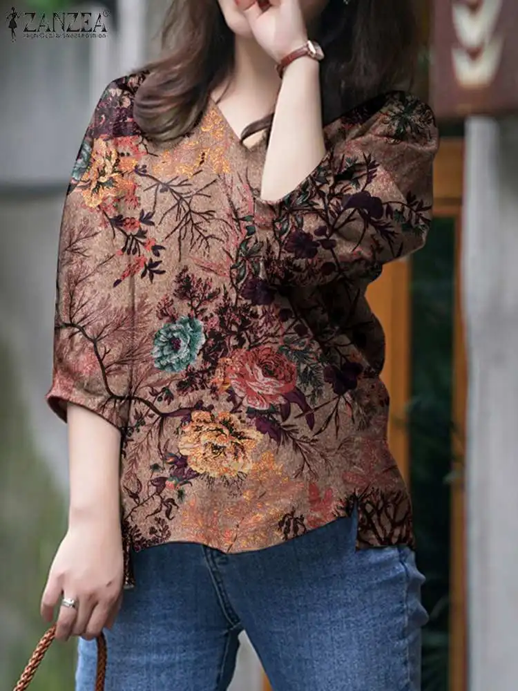 ZANZEA 2023 Women Blouses Summer Autumn Bohemian Three Quarter Sleeve Floral Printed Blusas Casual Tops Tunic Cotton Blouse