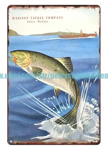 1947 fishing MaKinen Stream Tested Lures metal tin sign hanging wall plaque