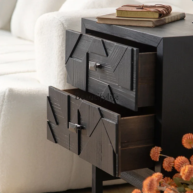 ls 51Französischer Retro-Nachttisch aus Massivholz mit Schubladen und Aufbewahrungsschrank