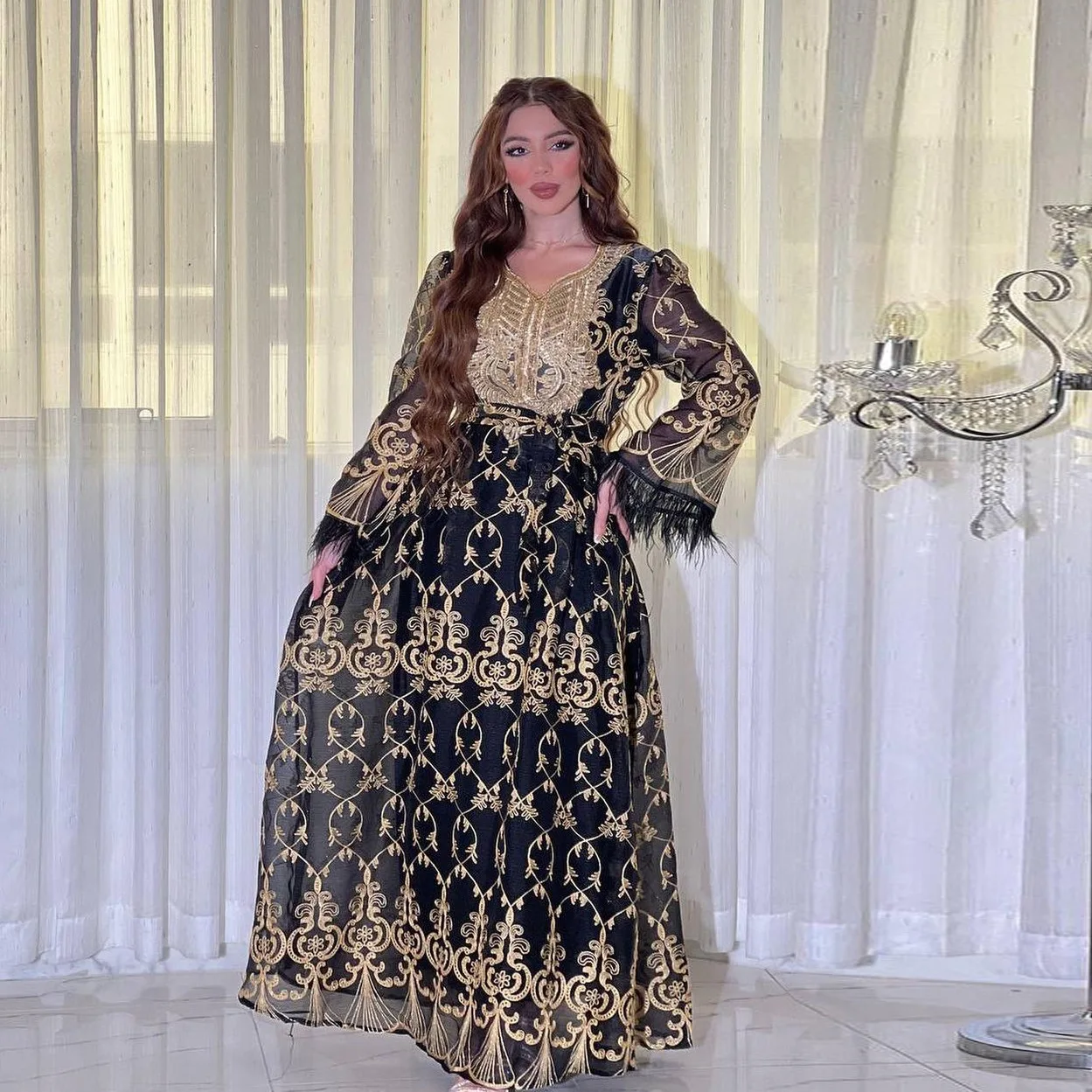 Muslim Evening Dress for Women, Ramadan, Golden Embroidery, Gorgeous Jalabiya, Middle East Gown, Moroccan Kaftan, Arab, Dubai