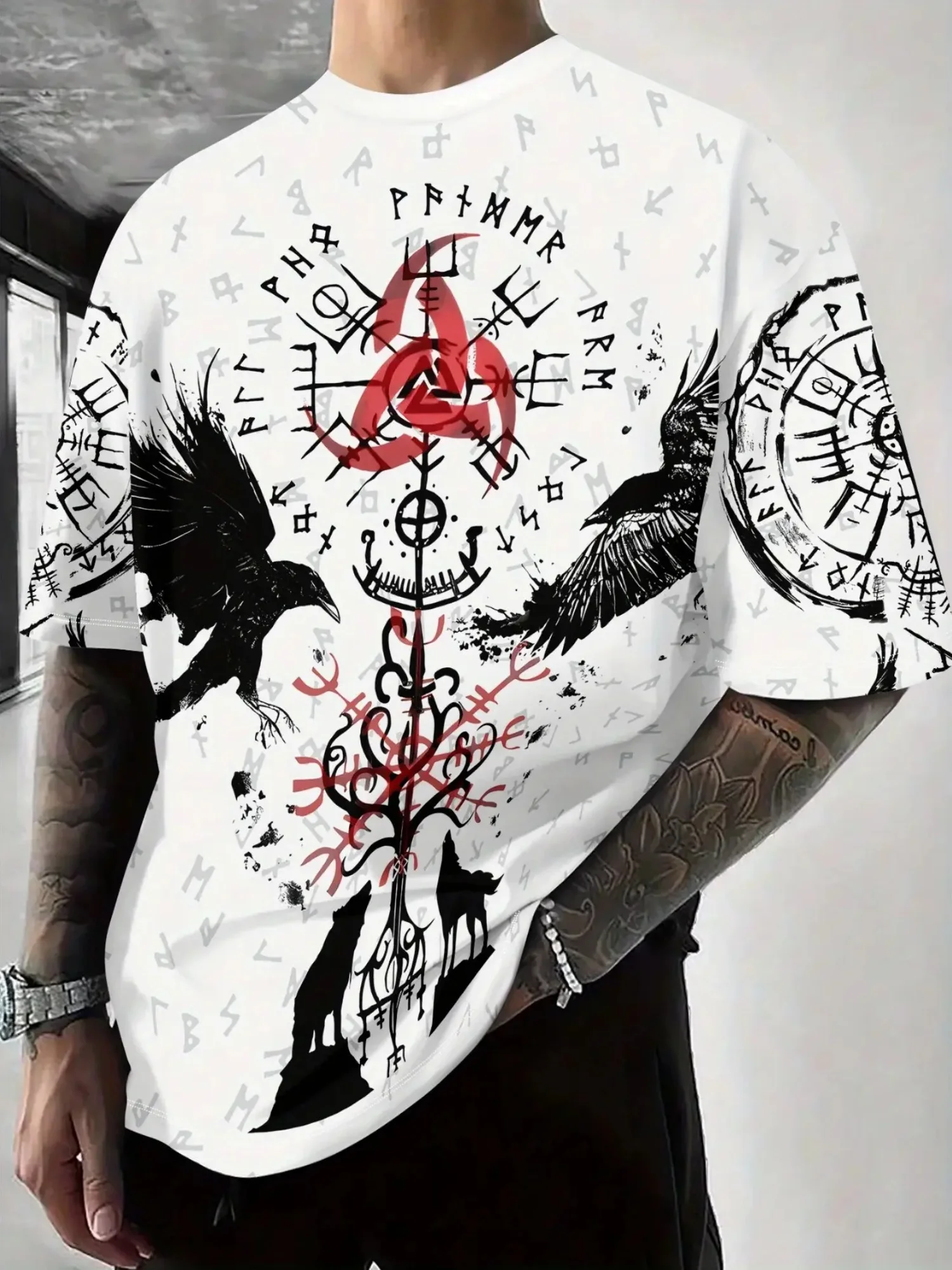 Men's Viking Rune Tree Of Life Raven Wolf Back Print T-Shirt Norse Mythology Gothic Crew Neck Top