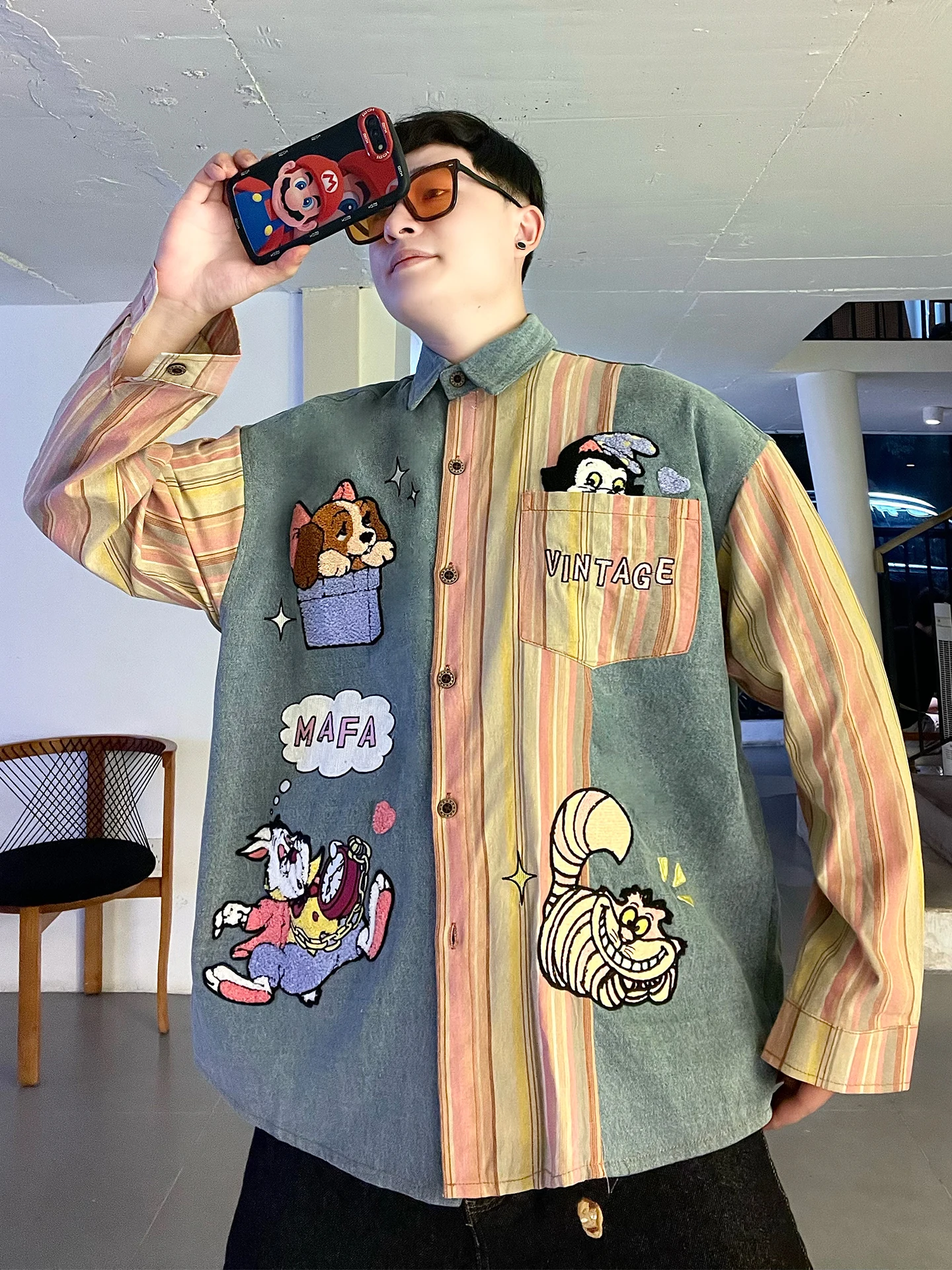 

Cartoon Embroidered Loose Fit Long Sve Denim irt Men Women Autumn Winter Vintage Sle Casual Top Trendy Couple irt