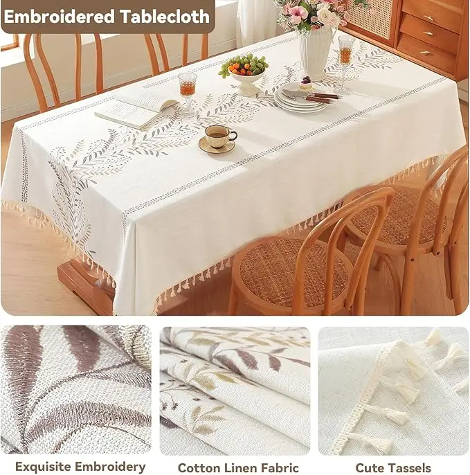 مفرش طاولة مطرز بنمط الأزهار من القطن والكتان غطاء طاولة مستطيل مقاوم للغبار لتناول الطعام وطاولة الشاي وديكور الطاولة