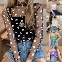 Daisy Print Perspective Blouse Shirt Casual Sexy Mesh Sunscreen Tops Casual Summer Ladies Female Long Sleeve Women Blusas