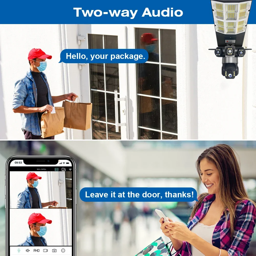 AIOOK Solar Street Light 2in1 Solar Camera Triple Lens HD 15MP WIFI V380 PRO 4G Camera Waterproof Night Vision Two Way Intercom