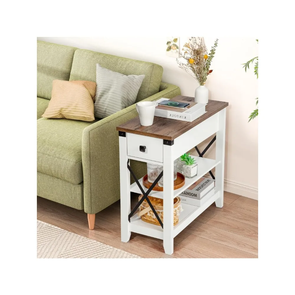 Farmhouse Slim Side Table Set of 2, w/USB Ports Power Outlets, Nightstand w/Flip Top Storage Drawer, Brown White