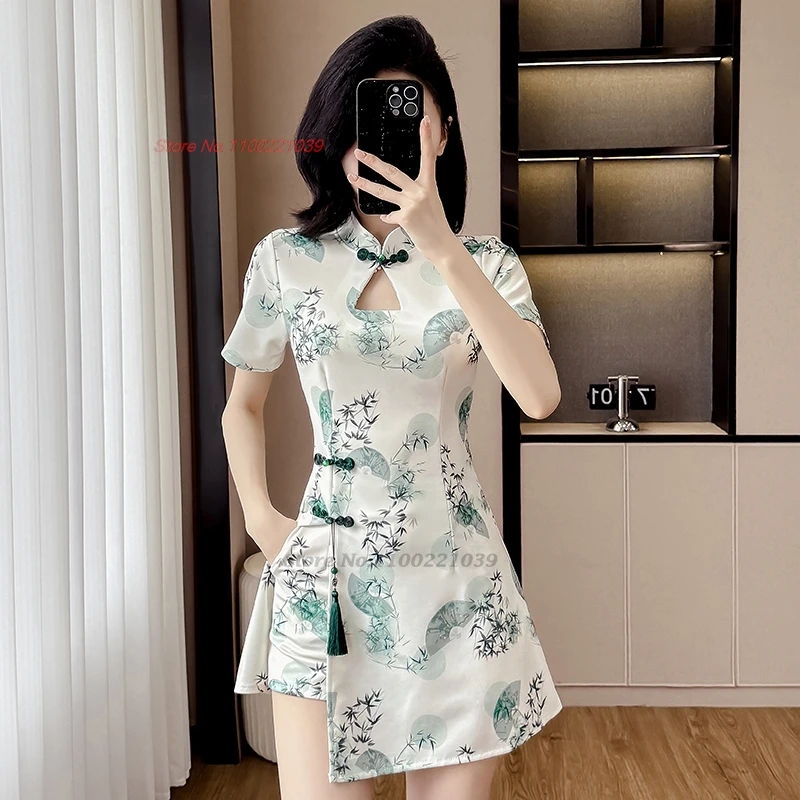 

Платье Ципао для китайского банкета и ночного клуба, 2021, сексуальное платье Ципао с национальным цветочным принтом + шорты, комплект, рабочее платье для спа-салона в отеле, Cheongsam