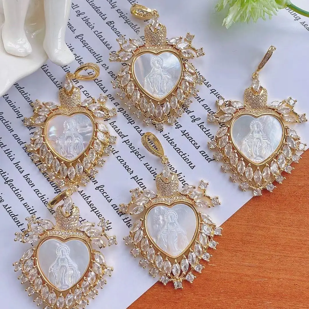 

3Pcs,Fashion Micro Pave CZ Zircon Virgin Mary Heart Shell Pendant, Mother of Pearl Large Pendant,Christ Religion Jewelry