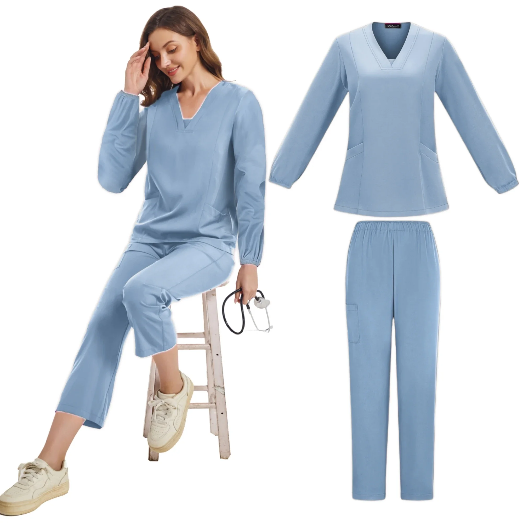 Uniformi chirurgiche Donna Infermieristica Manica lunga Scrubsuit Scrub medico Ospedale Top con scollo a V Dottore Infermieristico Scrub lungo Jogger Set