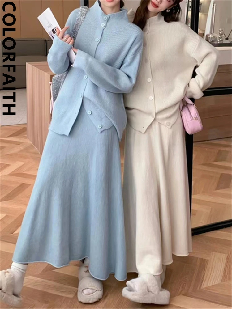 Colorfaith WS6611JX 2024 Oversized Knitted Sets 2 Pieces Korean Fashion Cardigans With Long Skirts Spring Autumn Women Suits