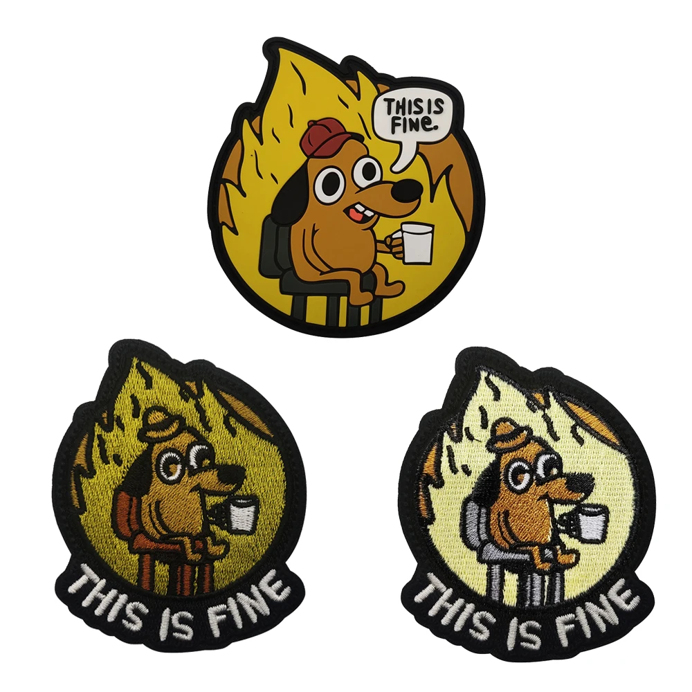 Hook and Loop Patch This Is Fine Meme Internet Celebrity Dog Animal Armaband Embroidery Badge Emblem 8*6 cm DIY