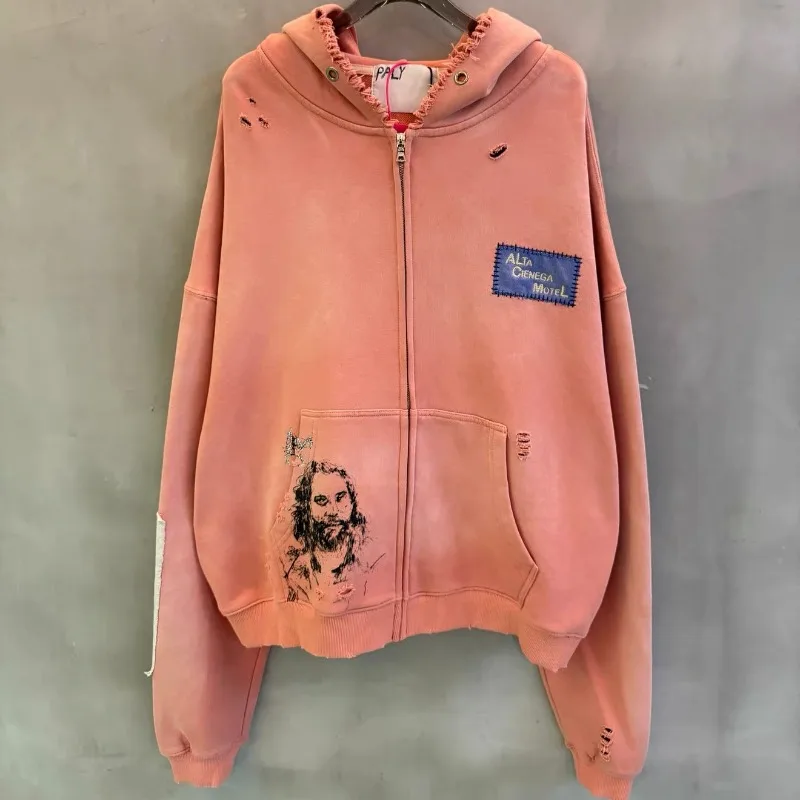 Paly Hollywood Mens Zipper Jacket Best Quality Washed Pink Retro Womens Hoodies