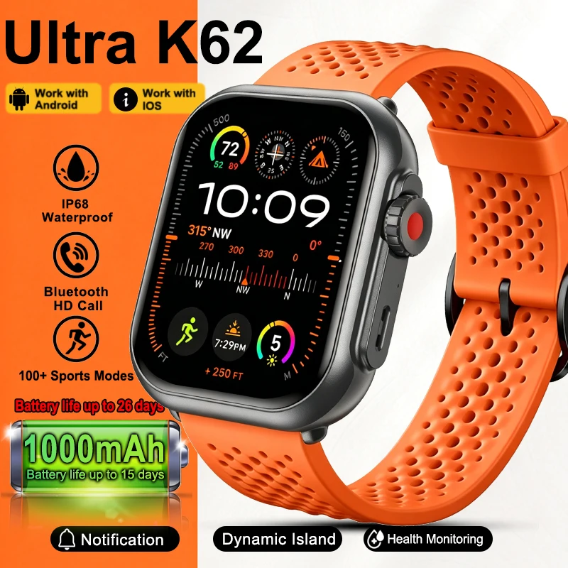 New Watch Ultra K62 Men Women 1000mAh Battery Fitness Tracker Heart Rate IP68 Waterproof Sports Call Smart Watch For IOS Android