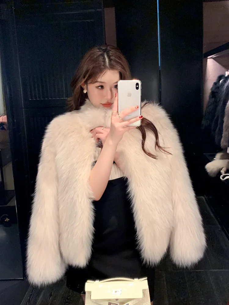 Women Faux Fox Fur Coats Solid Fur Jackets Cotton Linen Stand Collar Long Sleeves Open Stitch Loose Casual 2026 Autumn Winter