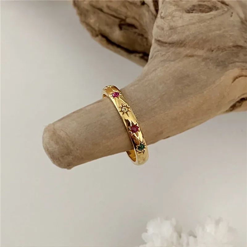 2 Teile/satz Edelstahl Regenbogen Farbe Kubikzircon Stein Finger Ringe für Frauen INS Gold Farbe Wasserdicht Sterne Ring Schmuck