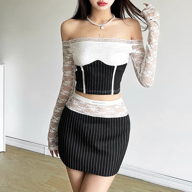 American Striped Lace Patchwork Short Skirt Set Summer New for Women's Office One Necked Long Sleeved Top High Waisted Skirt