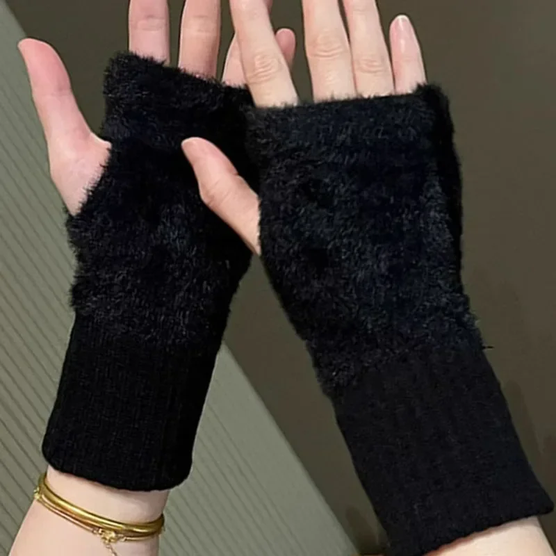 Women\'s Velvet Fleece Soft Winter Half Finger Gloves Warm Luxury Solid White Plush Knitted Fingerless Gloves Mittens Writting