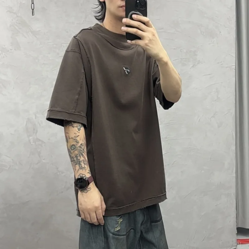 HKSH Summer New Men Tide Embroidered Design Washed Spliced Three-Quarter Sleeve T-shirt Unisex Loose Trendy Tees Top Ins HK22088