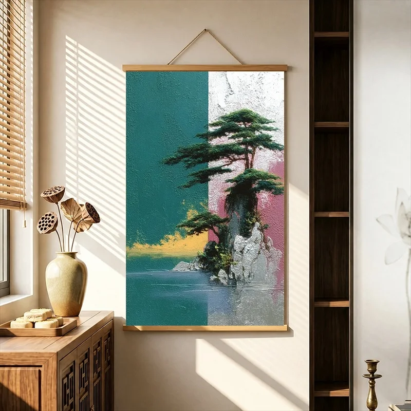 Oriental Ink Pearlescent Canvas Wall Decor Ancient Pine on Dramatic Cliffs Hanging Scroll with Wooden Rods for Tea House