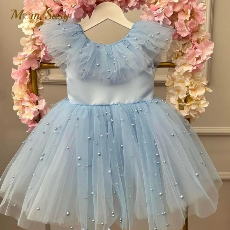 Baby Girl Princess Pearl Tutu Dress Ruffled Sleeve Infant Toddler Child Mesh Tulle Vestido Party Pageant Birthday Frocks 1-12Y