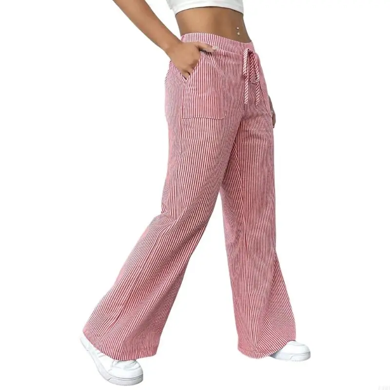 レディース ワイドレッグ ストライプ ドローストリング ローライズ カジュアル ルーズ パンツ ポケット付き F3MD