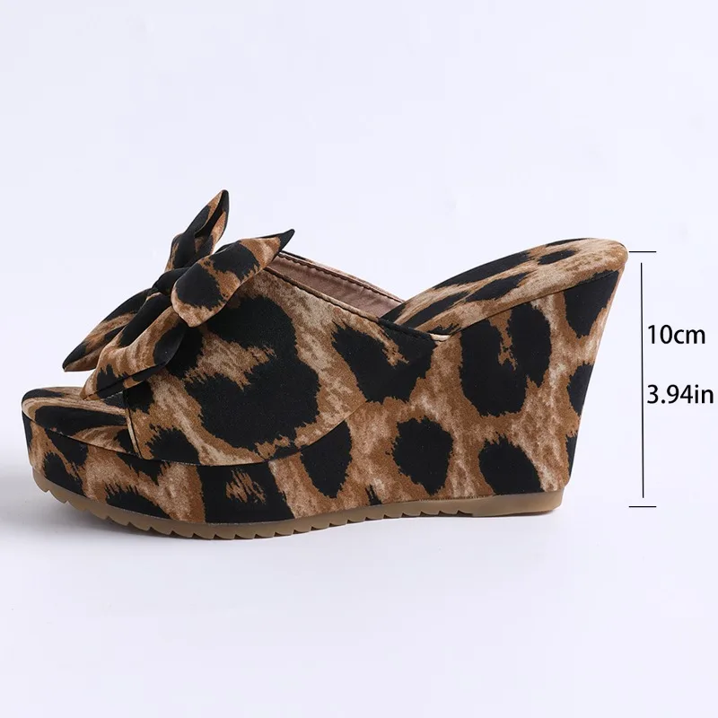 Women's Summer Fashion Leopard Slippers Wedge Bow Tie Super High Heels Women Slippers Round Head One Kick New Sandalias De Mujer