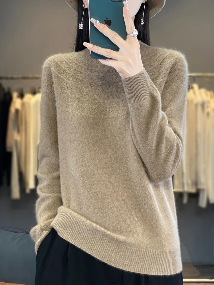 

Classic Merino Wool Woman Sweater Hollow Out Female Autumn Winter Knitwear Mock Neck Pullover Ladies Long Sleeve Clothing Tops