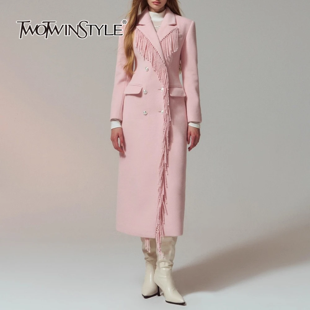 

TWOTWINSTYLE Solid Spliced Tassels Elegant Coats for Women Lapel Long Sleeves Tunic Patchwork Buttons Coat Female Fashion New
