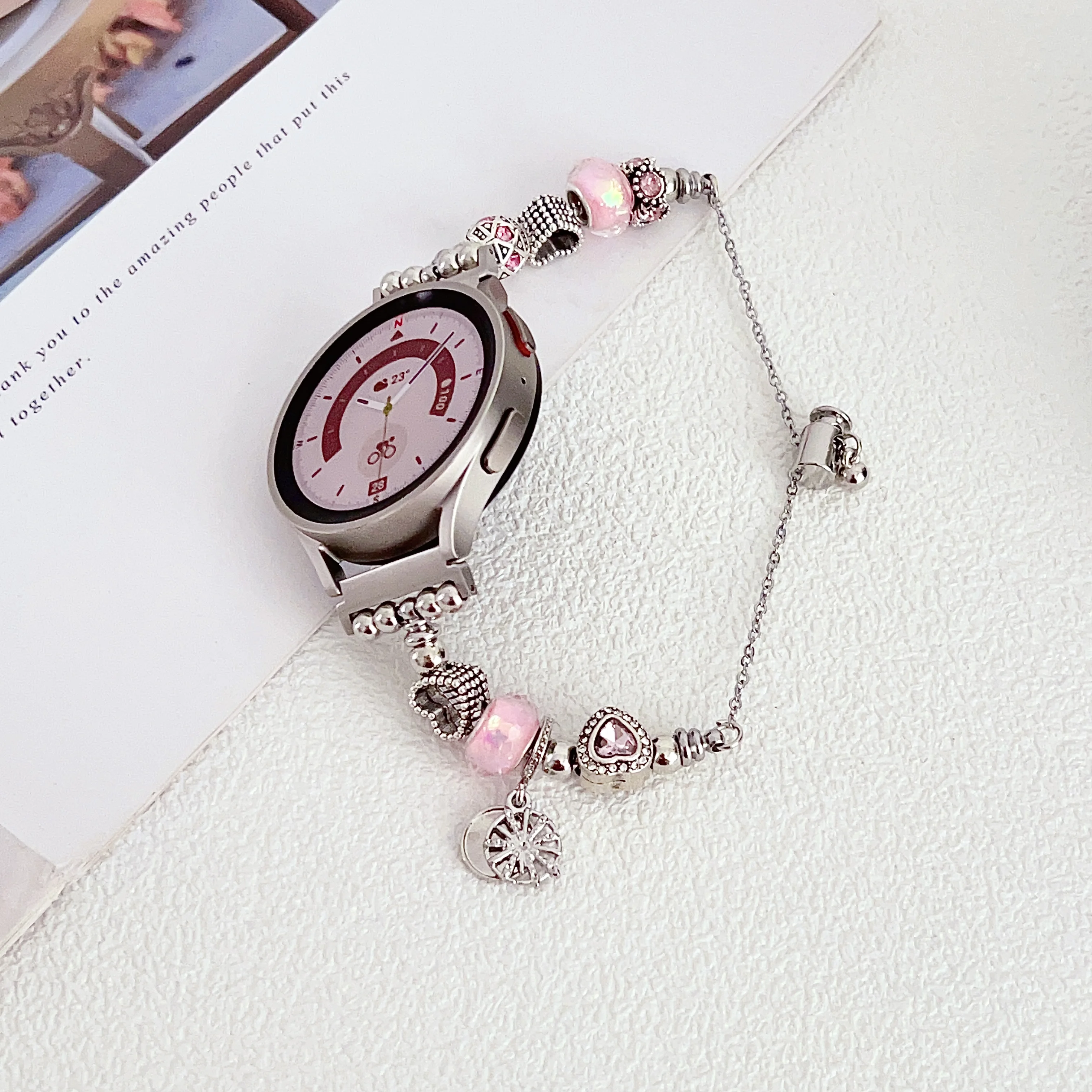 Correa de metal para reloj Samsung, pulsera con cuentas de Pandora, cadena para mujer de 20mm y 22mm, pulsera de concha de flor de amor estético