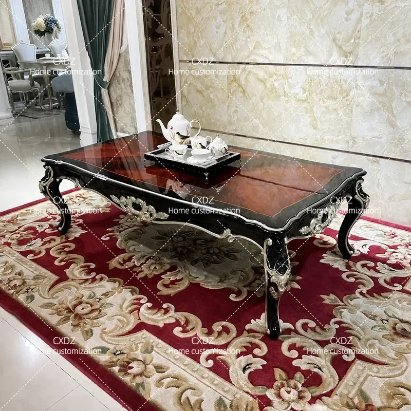 Luxury Large Rectangular Coffee Table Solid Wood Tea Table with Veneer Parquet Top for Small Apartment Living Room Furniture