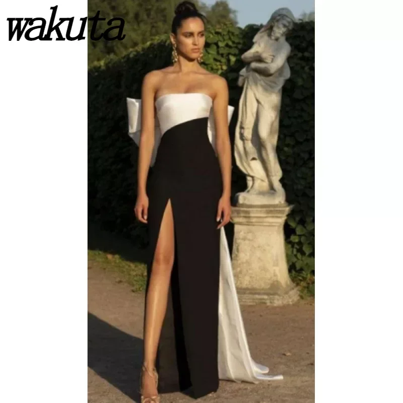 Wakuta Elegant Strapless Sleeveless Slim Fitting Evening Gown with Solid Color Bow Wedding Anniversary Vestidos De Graduación