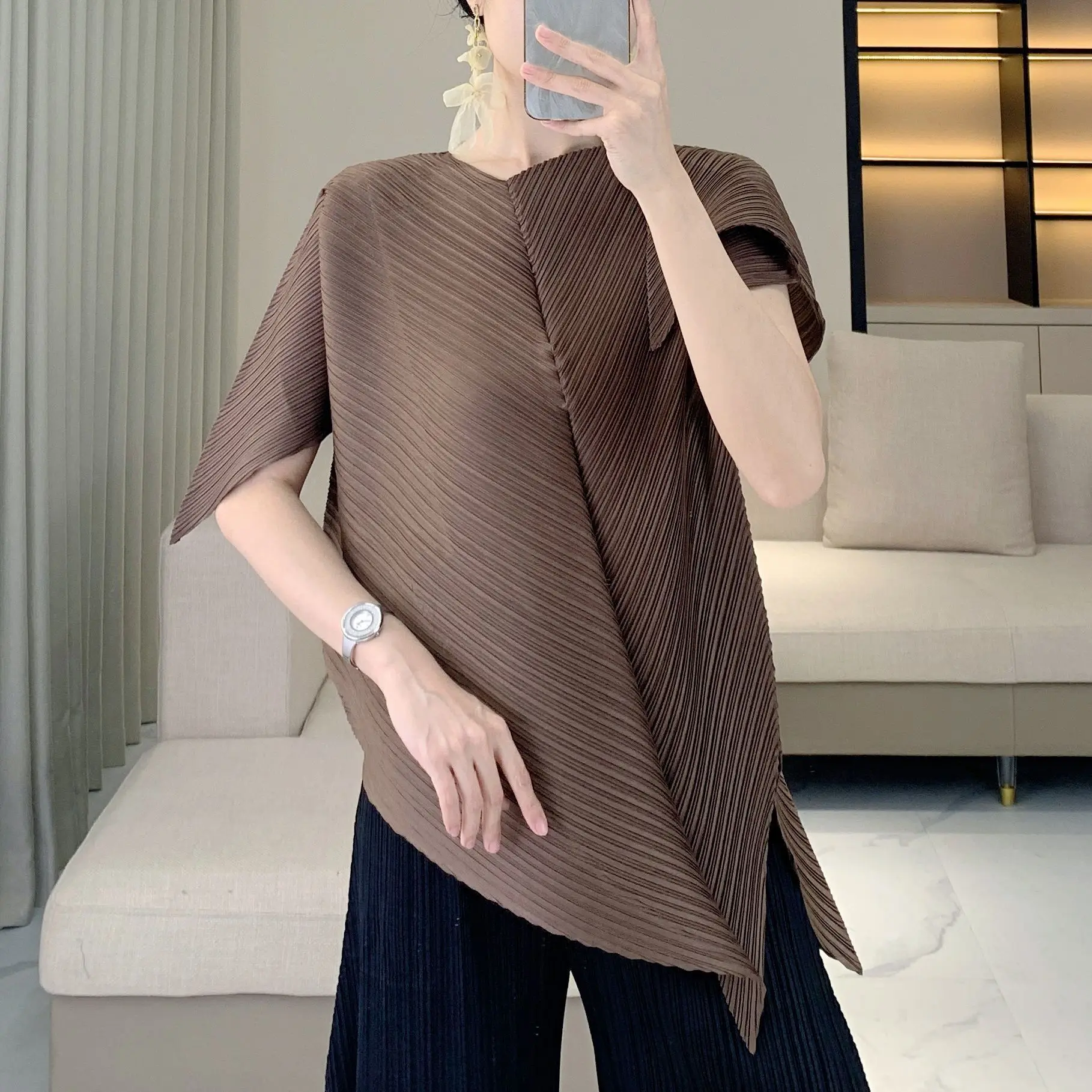 Miyake Pleated Women's Casual Tops 2026 Summer New Design Solid Color Irregular High-end Versatile Temperament T-shirt for Women