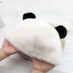 Cartoon Bear Ear Winter Hats For Women Faux Rabbit Fur Warm Beanie Hats Girls Brimless Plush Fluffy Skiing Riding Warm Caps 2024