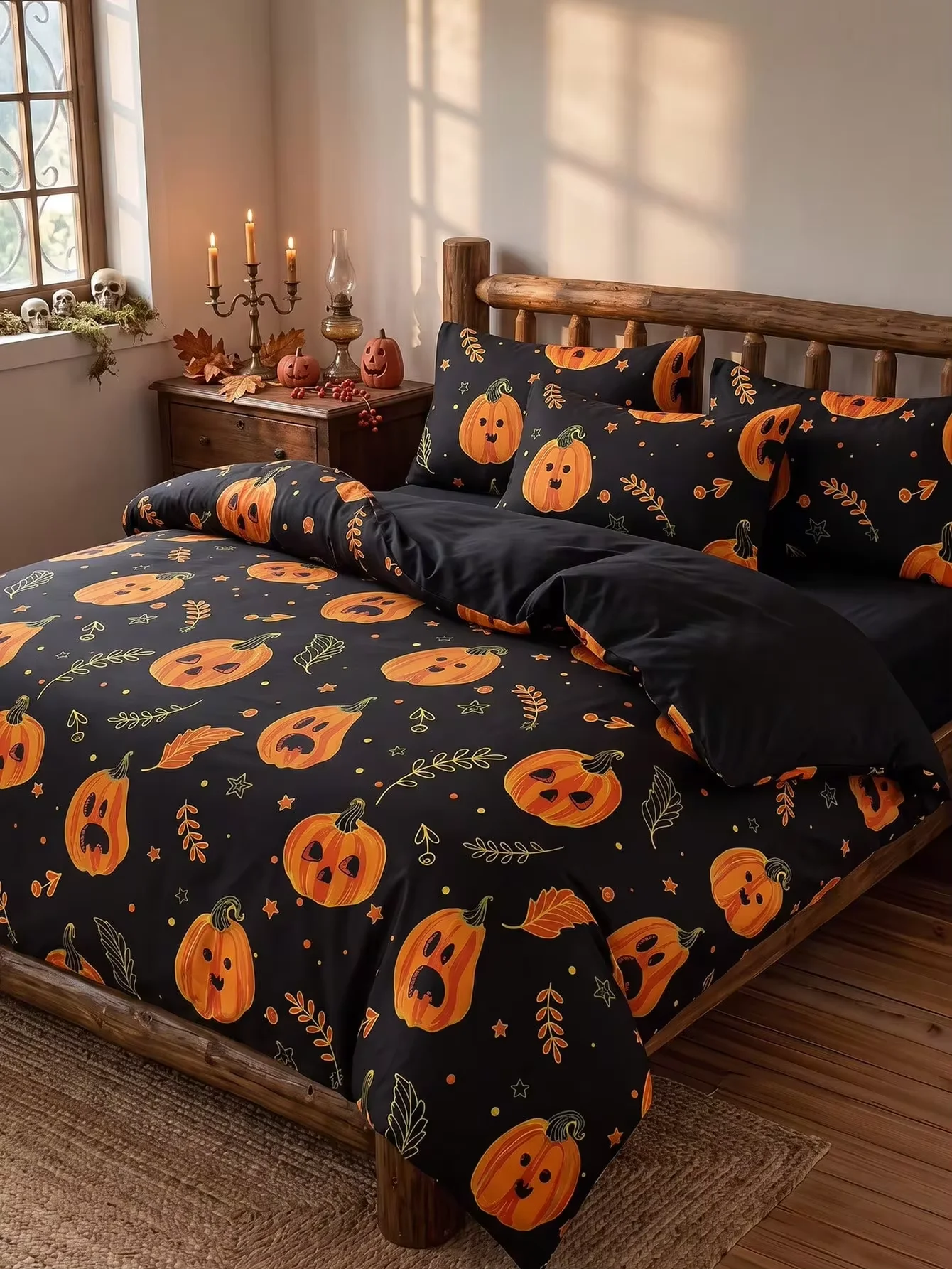 3Pcs Halloween Duvet Cover Set Single Size 3D Print White Ghost Cute Pumpkin Bedding Set with Pillowcases All Season