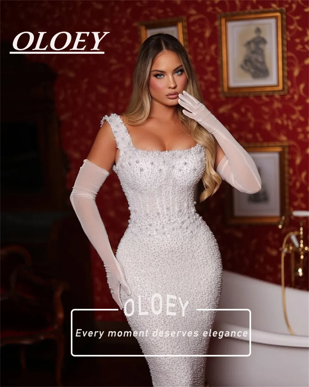 OLOEY Luxury Pearls Mermaid Wedding Dresses Square Collar Floor Length Bridal Gowns with Gloves Customized Robe De Mariage