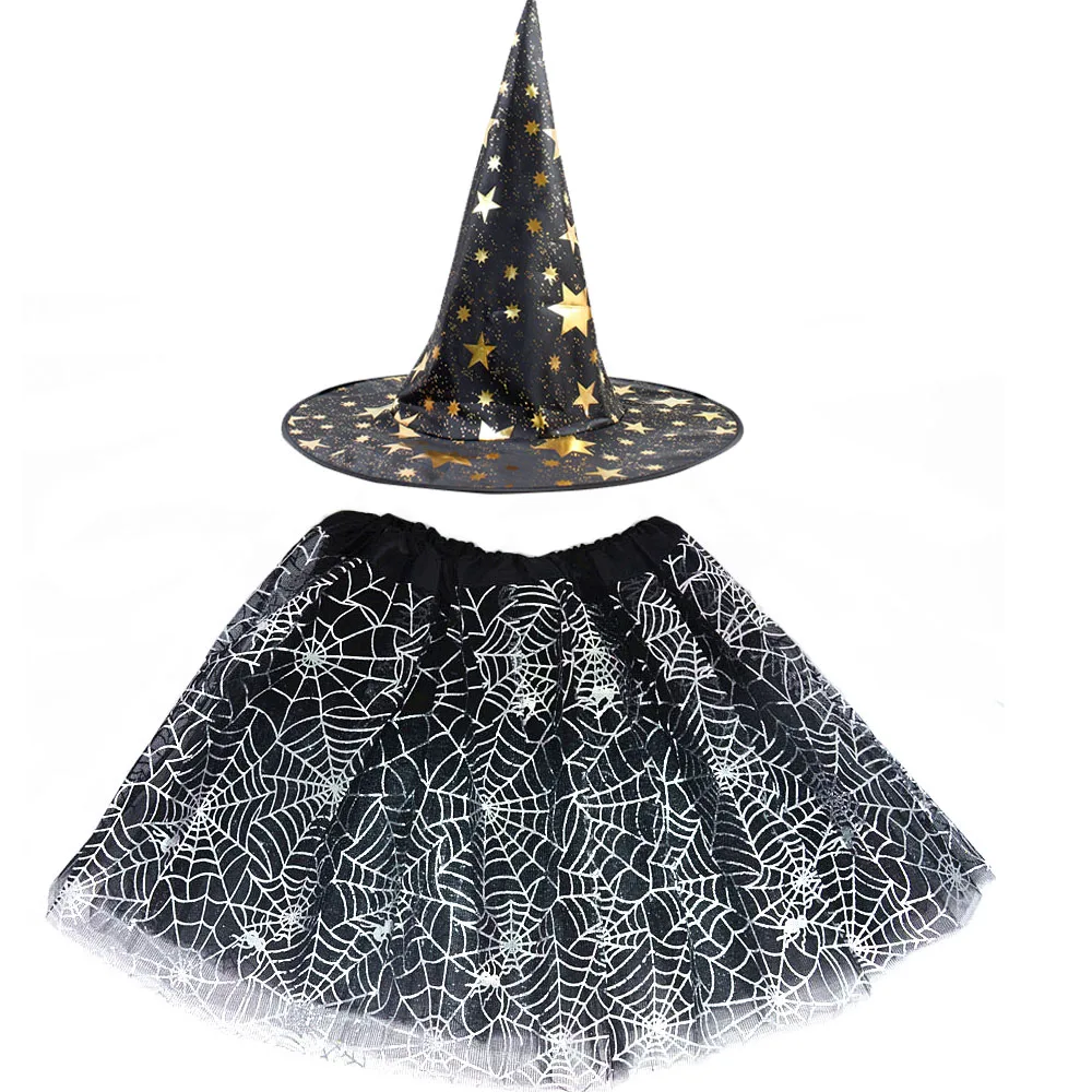 Kids Girls Spider Web Tutu Cobweb Skirt Witch Wizard Hat Tulle Fancy Halloween Costume Carnival Birthday Party Outfits Festival