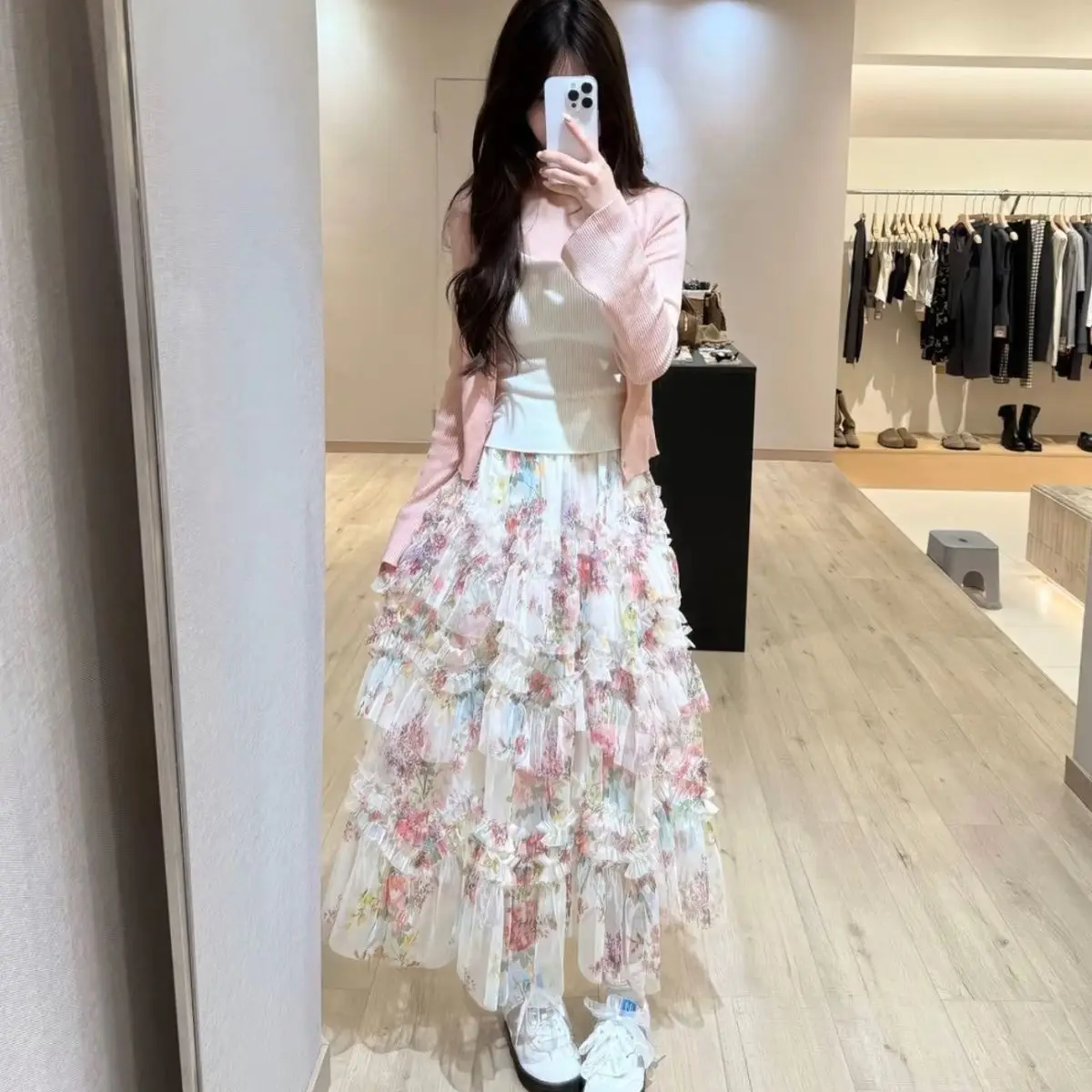 Sun Protection Knitted Cardigan Strap High Waist Floral Cake Skirt Three Piece Set Women's Casual Style Polyester Fiber Skirt