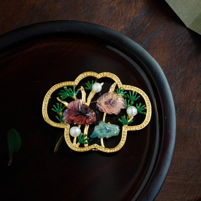 

Натуральный турмалин, позолоченная брошь из стерлингового серебра, натуральный жемчуг, эмаль, булавка в китайском стиле, ретро корсаж кои