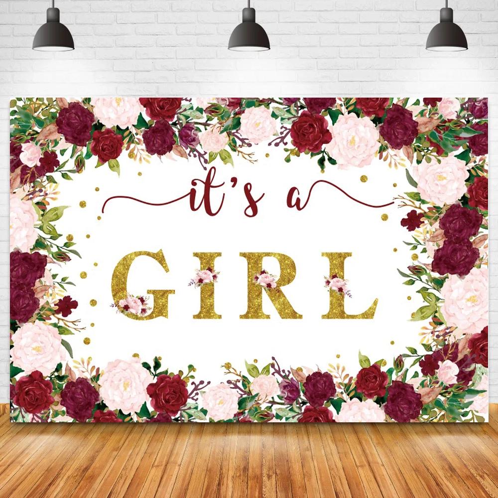 It's a Girl Rose Flowers Birthday Backdrop Cake Table Banner Decor Custom Text Sweet Girl Princess Background Photography Vinyl