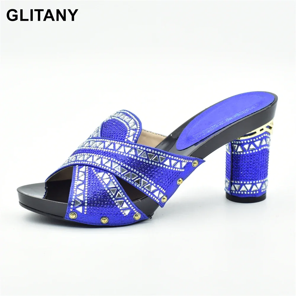 

New Royal Blue Color Italian Ladies Shoes for Parties Rhinestoen Women Wedding ShoesNigerian Shoe High Heels Wedding Lady Shoes